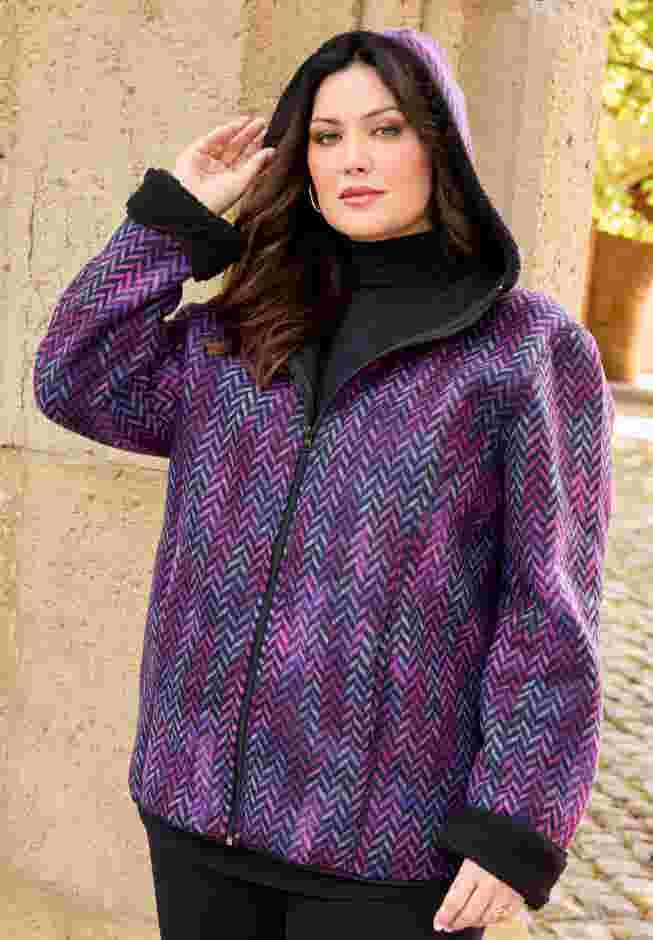 Printed Fleece Coat with Sherpa Lining image number 3