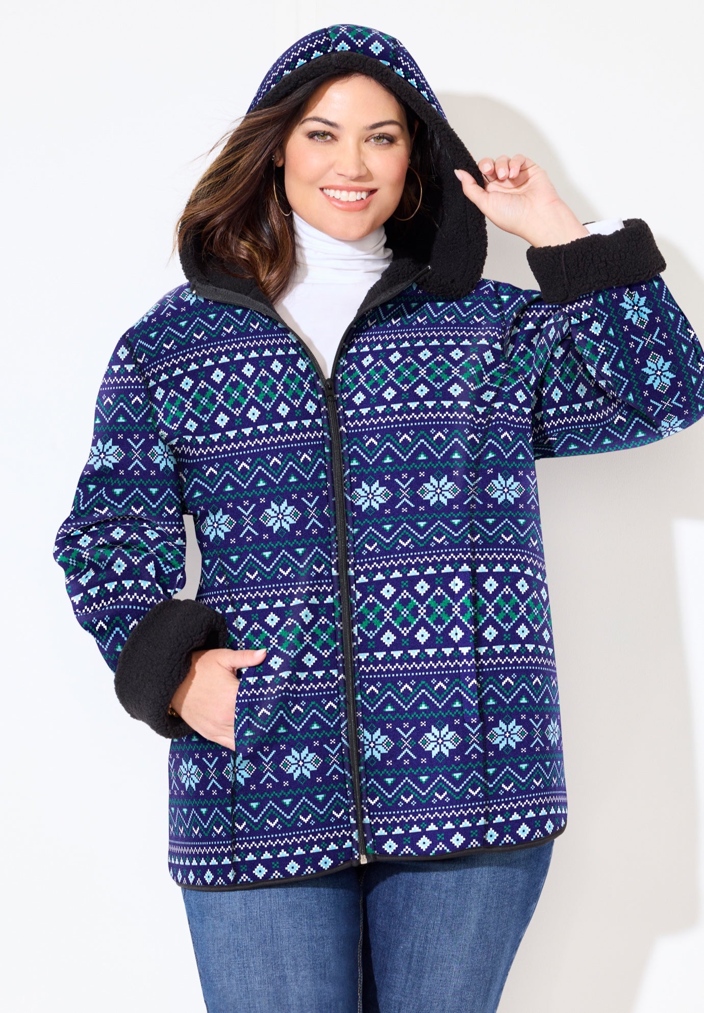 Printed Fleece Coat with Sherpa Lining image number 3