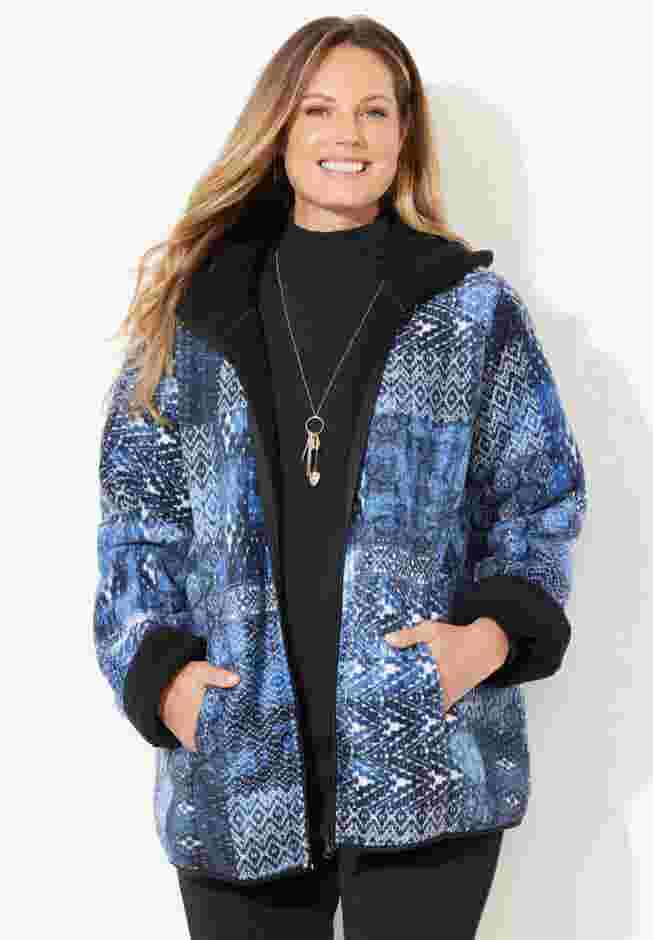 Printed Fleece Coat with Sherpa Lining image number 0