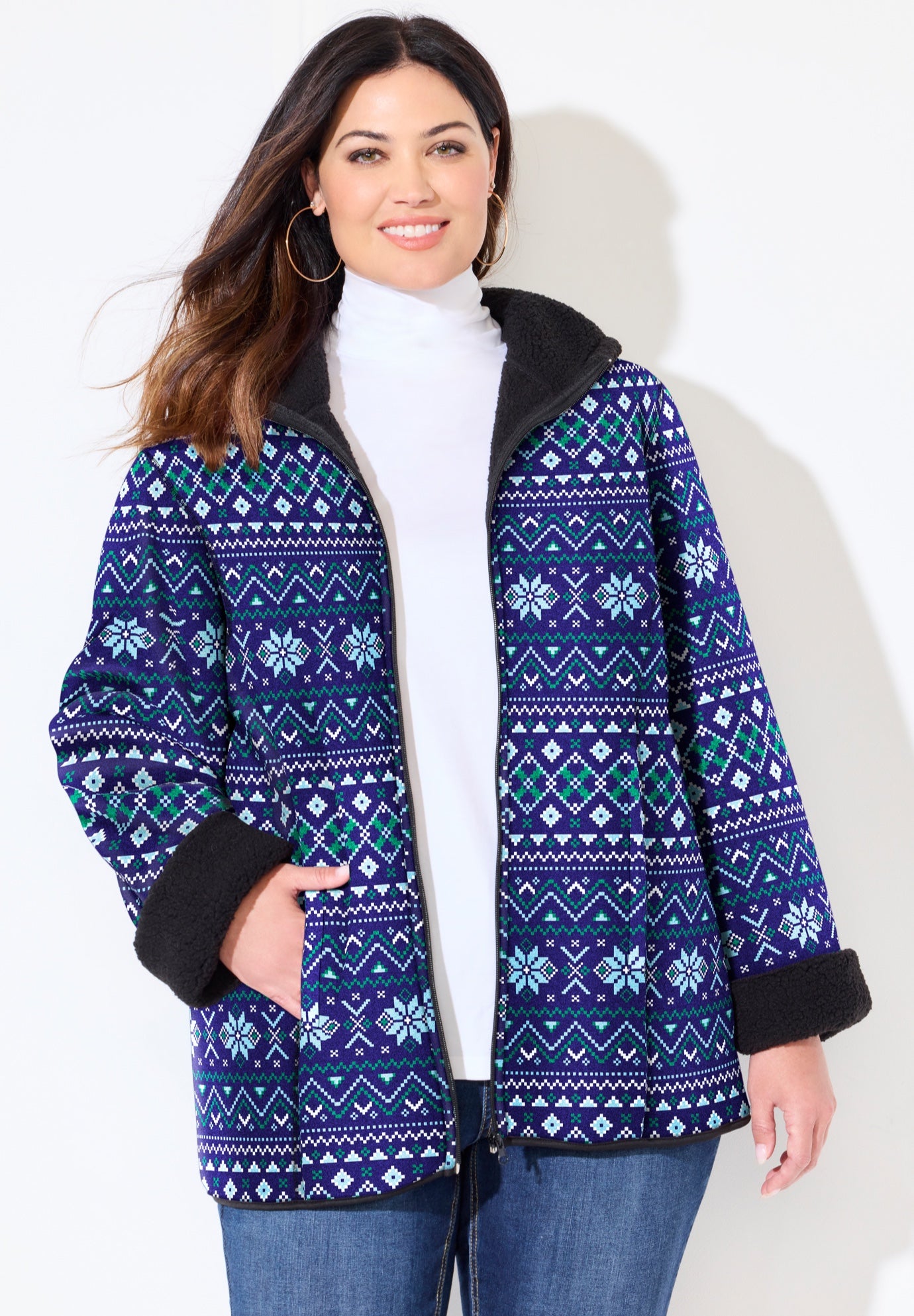 Printed Fleece Coat with Sherpa Lining image number 0