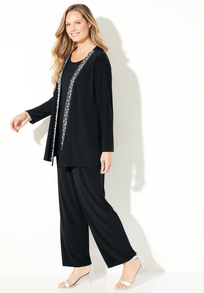 Beaded Trim 3-Piece Jacket Pant Set image number null