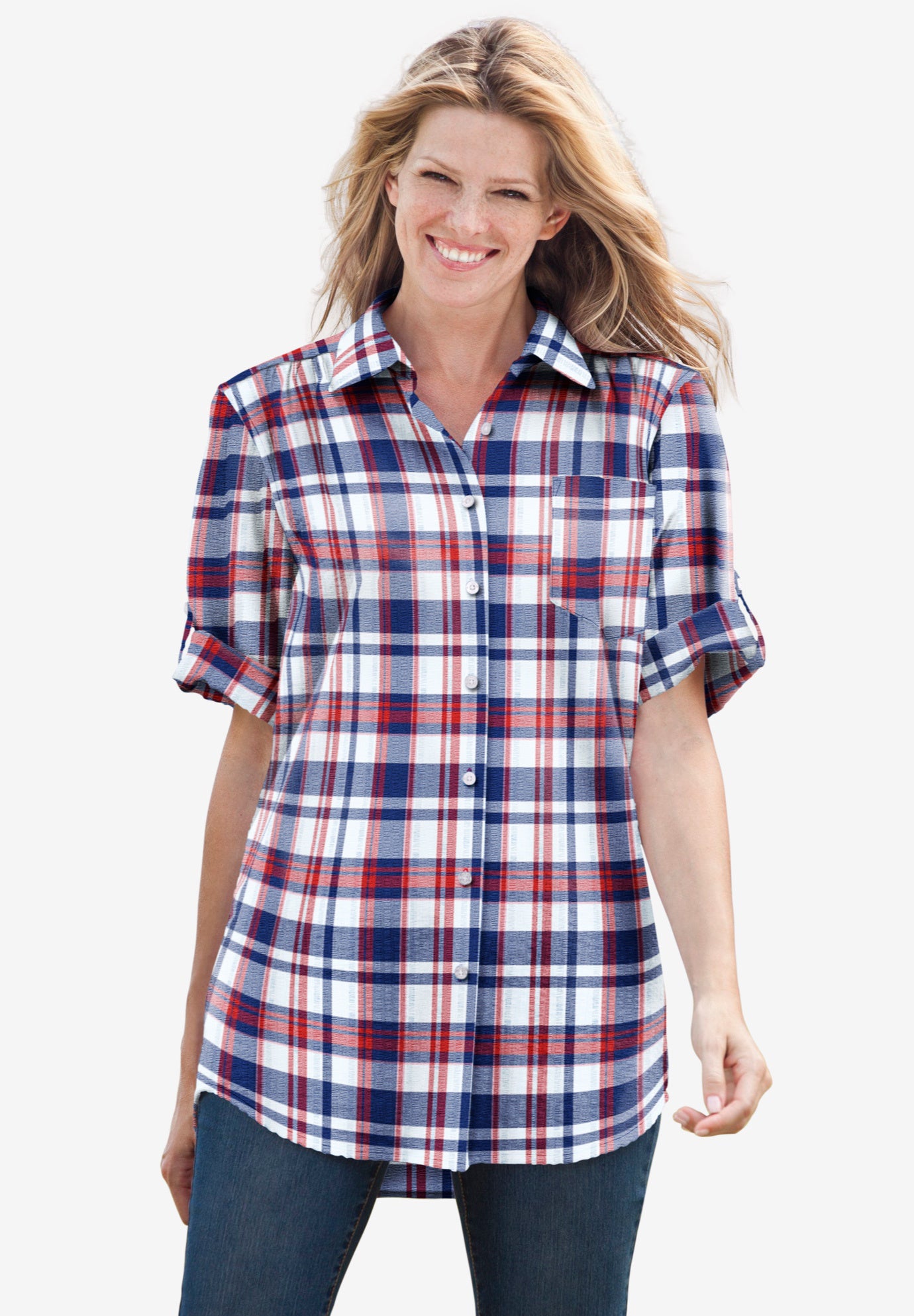 Short-Sleeve Button Down Seersucker Shirt | Catherines