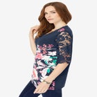 Plus Size Lace Sleeve Printed Tee image number null