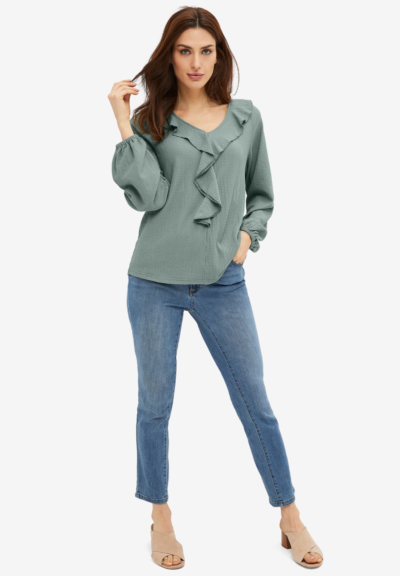 Stretch Textured Knit V-neck Ruffle Front Top image number 0