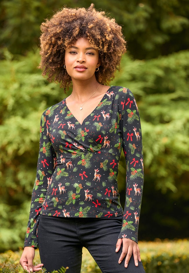 Stretch Knit Festive Wrap Top image number 2