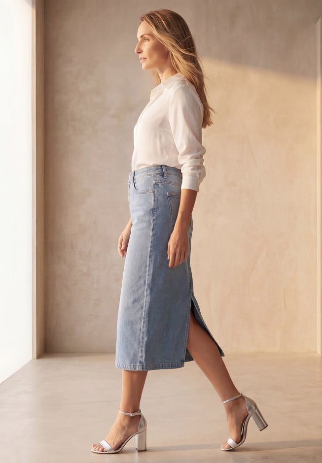 Classic Cotton Denim Midi Skirt image number 1