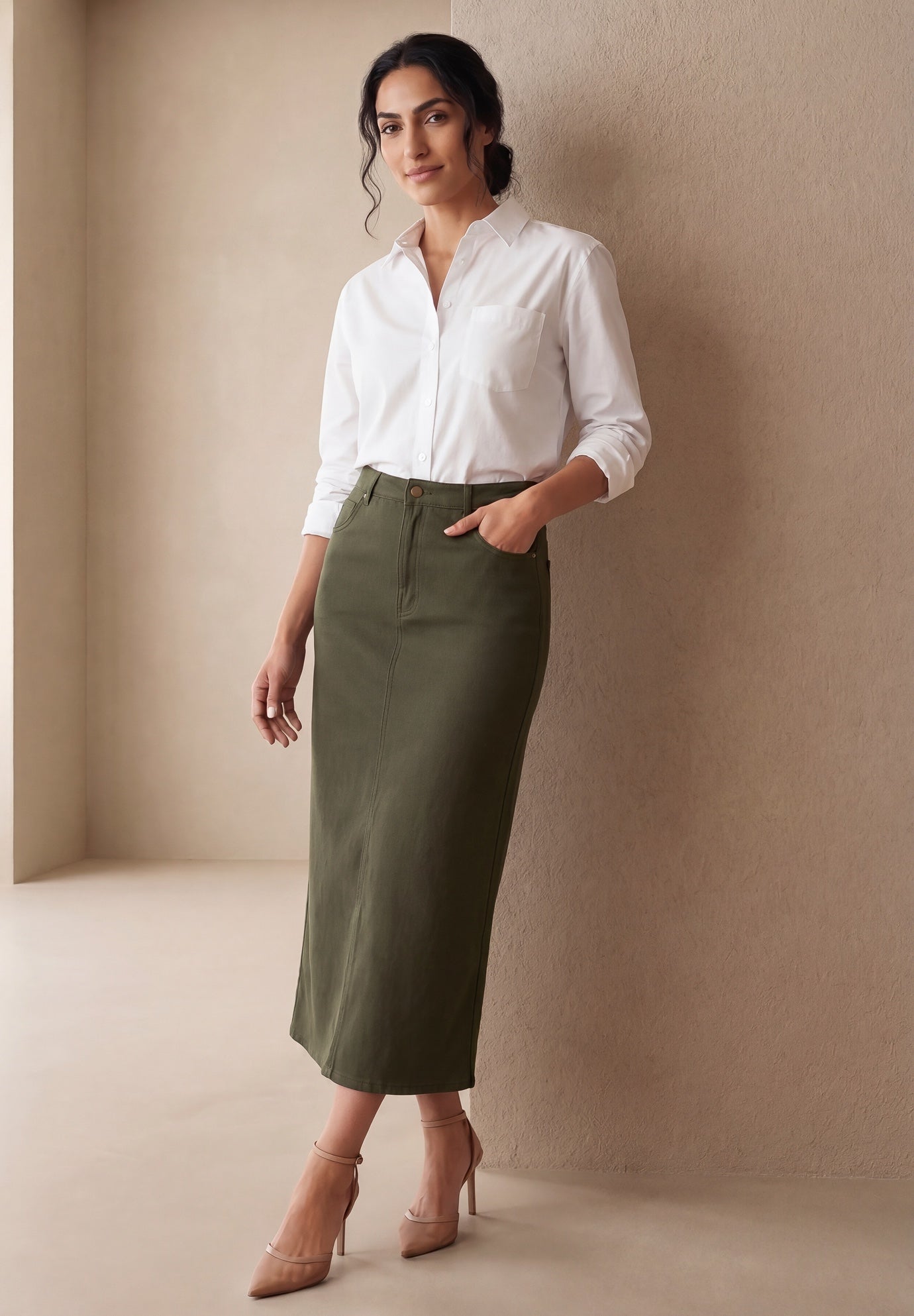 Classic Cotton Denim Midi Skirt image number 0