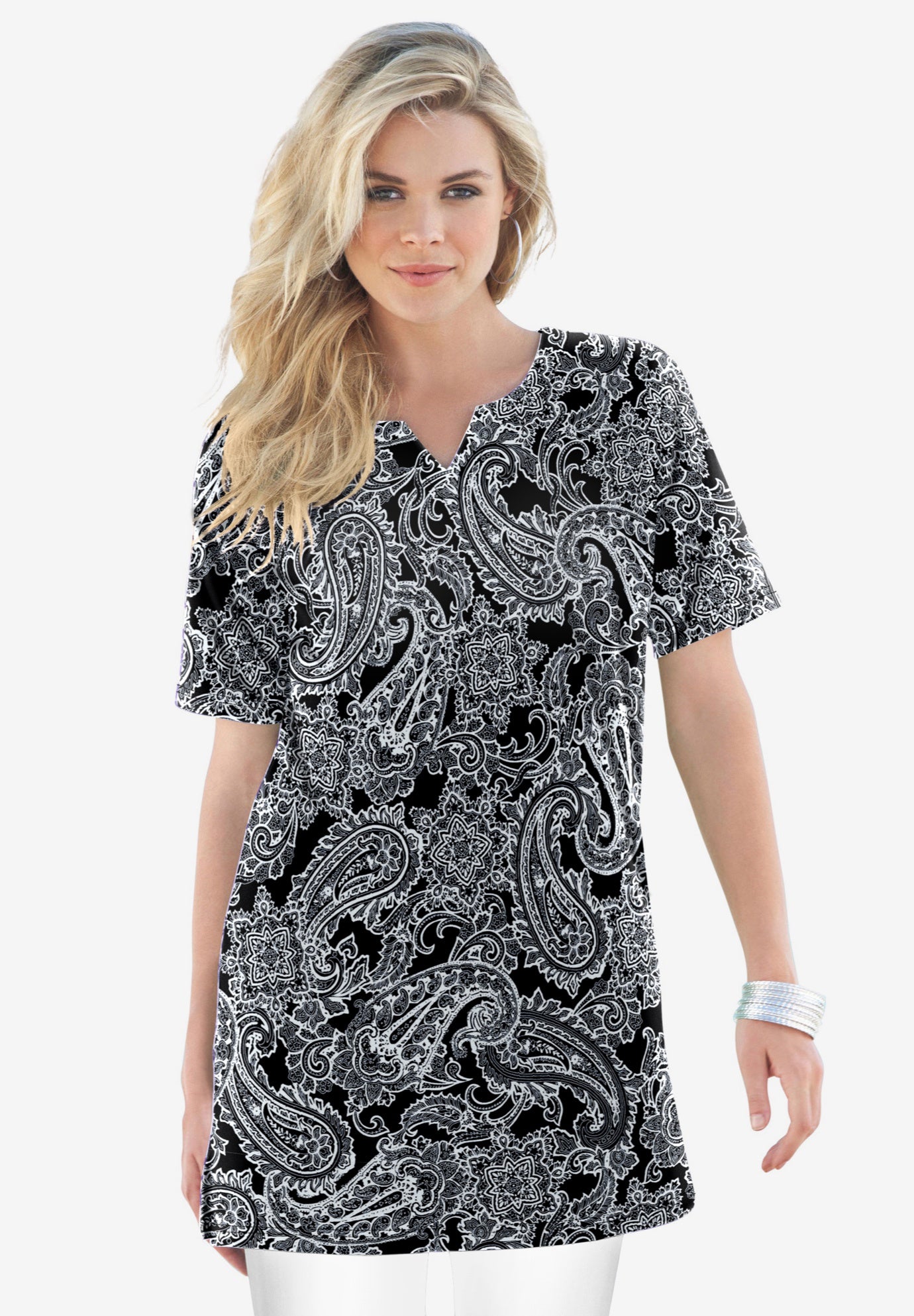 Plus Size Soft Knit Print Tunic with Notch Neckline image number 0