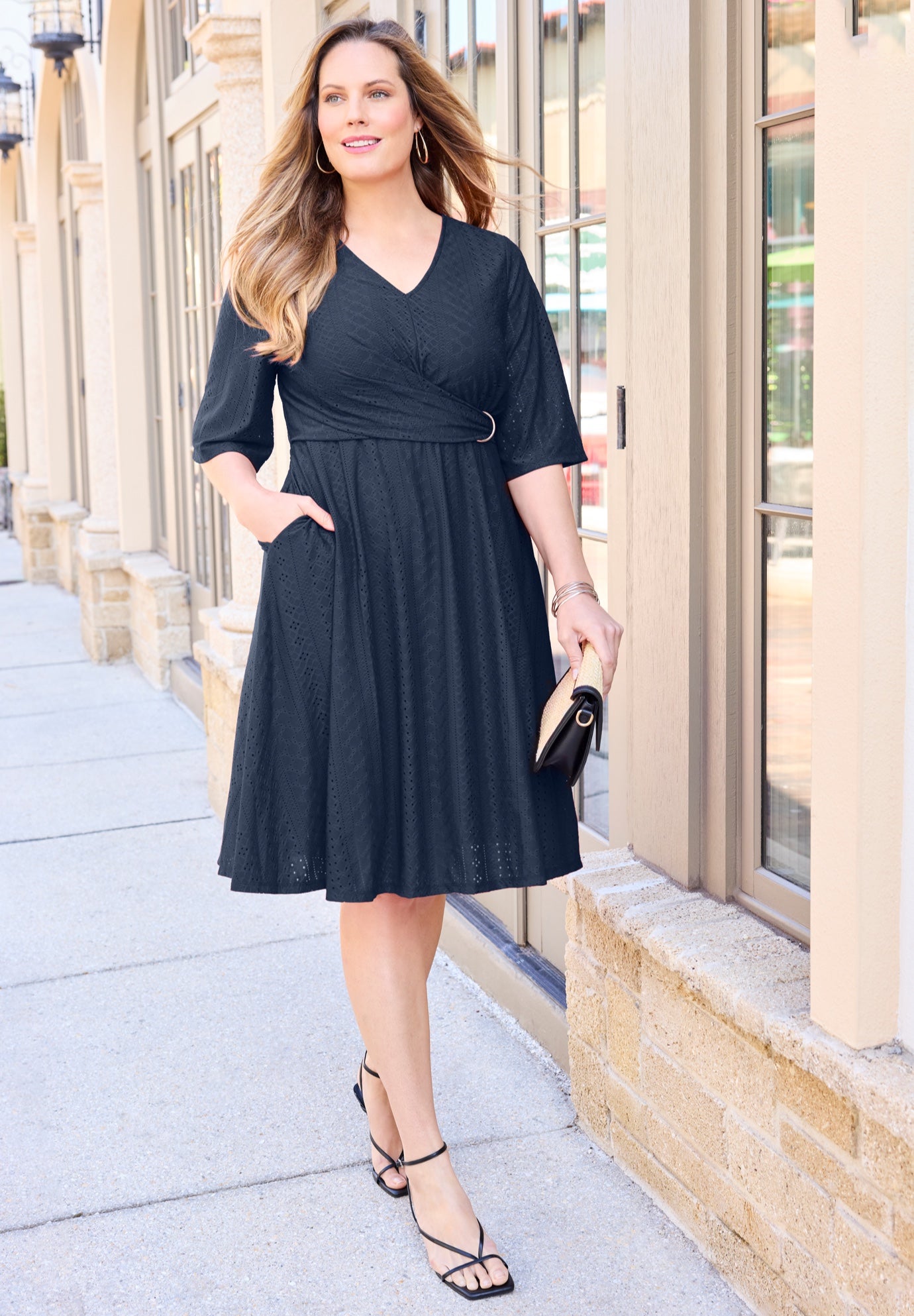 Eyelet Fit & Flare Faux Wrap Dress image number 0