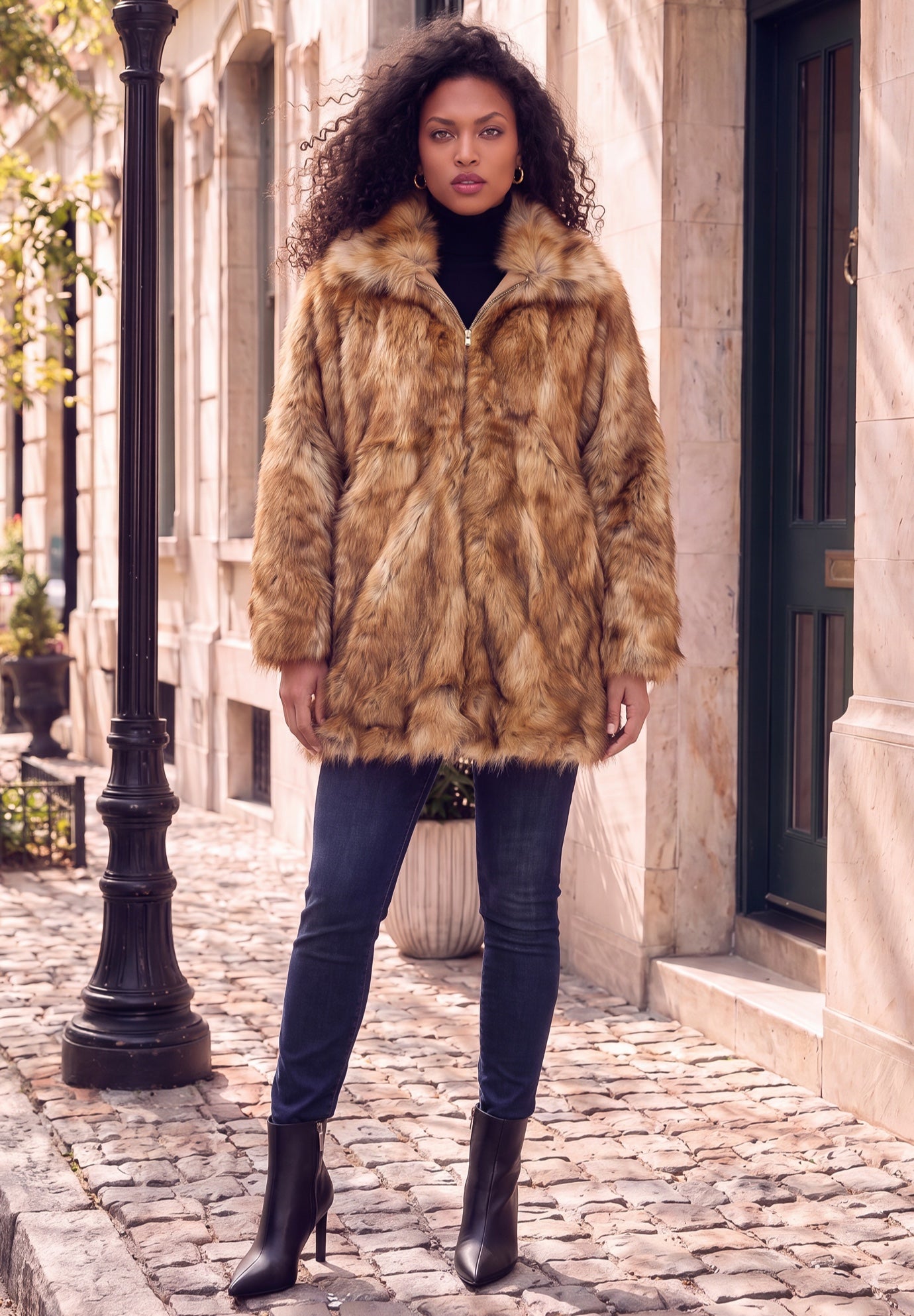 Plus Size Mid-Length Hooded Faux Fur Coat image number 1