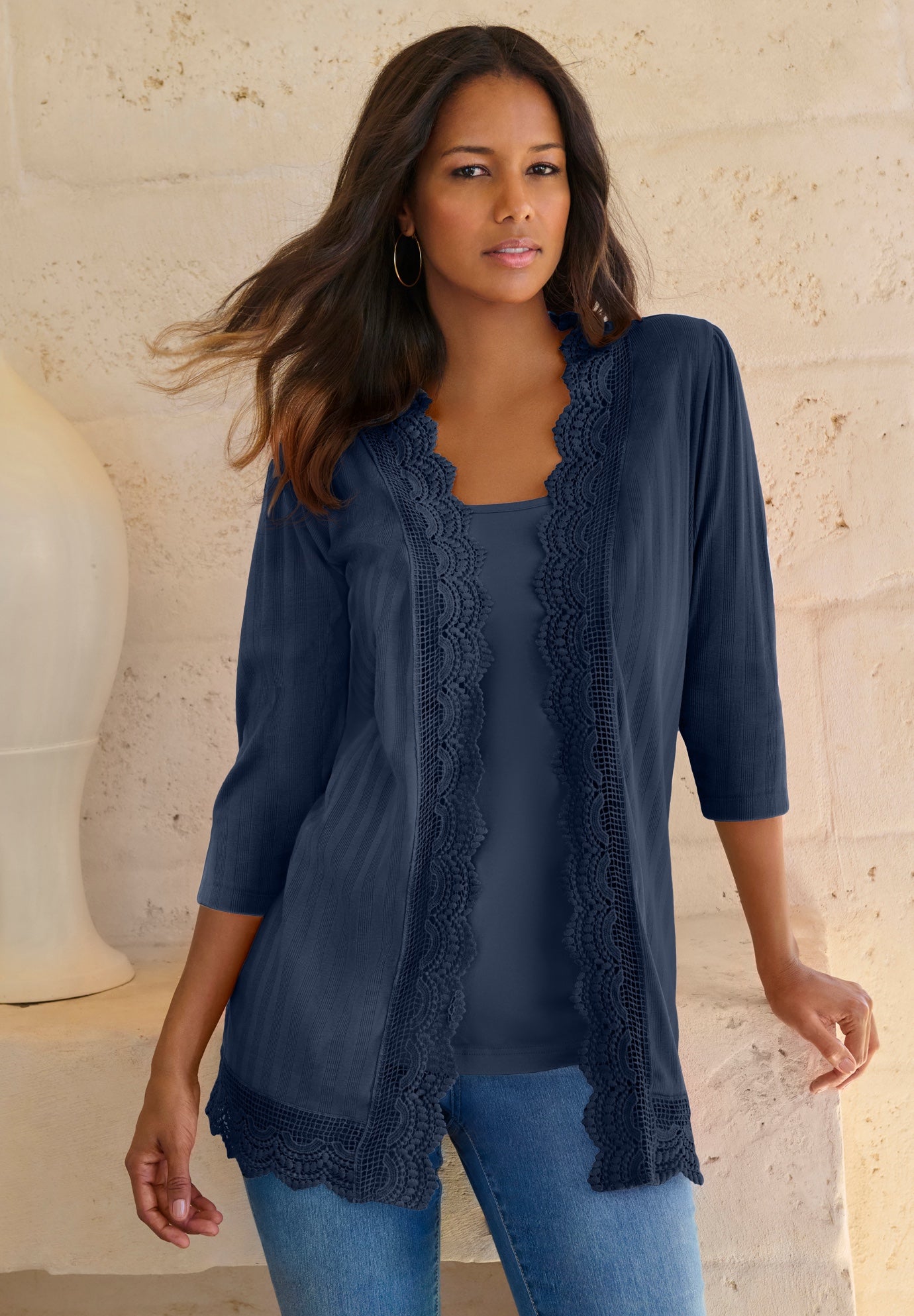 Crochet Trim Pointelle Cardigan image number 2