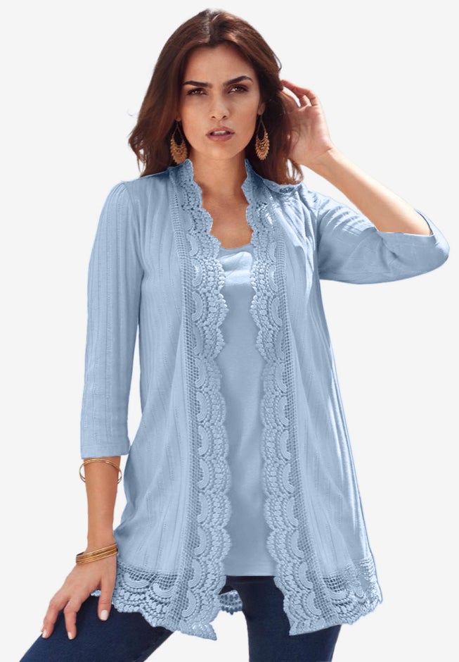 Crochet Trim Pointelle Cardigan image number 1