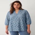 Eyelet Blouse With Notch V-neck & Blouson Sleeves image number null