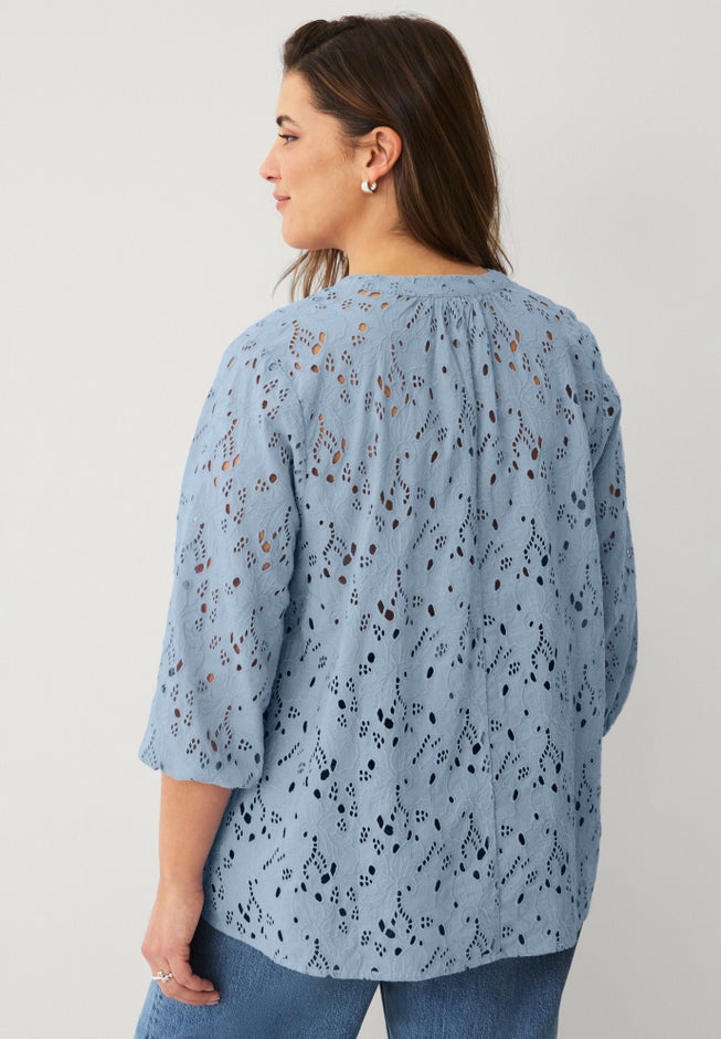 Eyelet Blouse With Notch V-neck & Blouson Sleeves image number 1