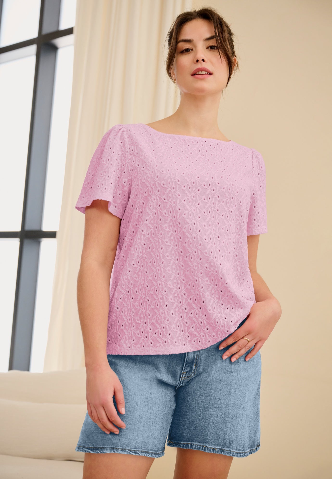 Boat Neck Flutter Sleeve Knit Eyelet Tee image number 0