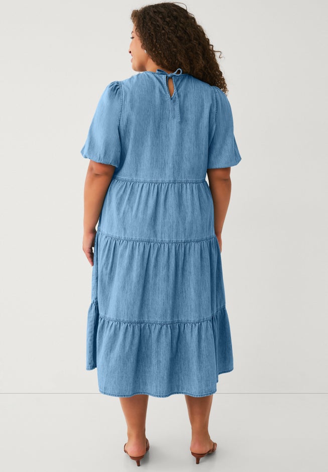 Lightweight Denim Short Sleeve Tiered Midi Dress image number 1