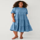 Lightweight Denim Short Sleeve Tiered Midi Dress image number null