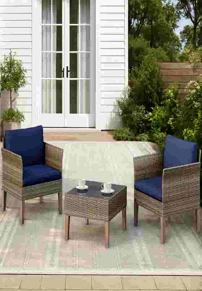 3-Piece Wicker Patio Conversation Set with Blue Cushions image number 0