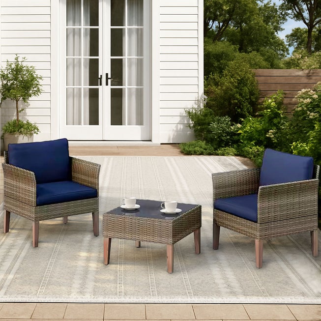 3-Piece Wicker Patio Conversation Set with Blue Cushions image number 0