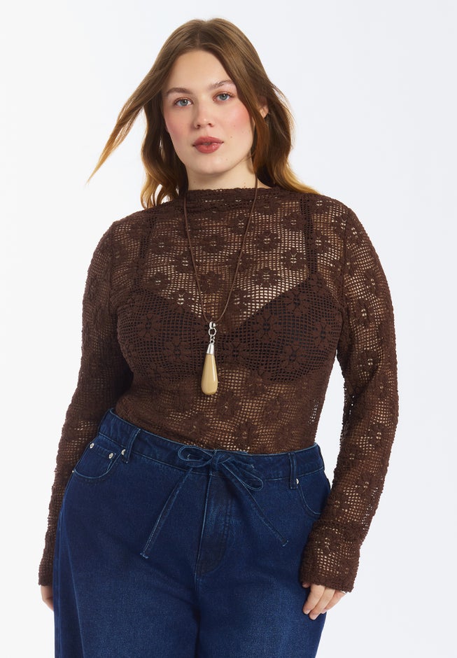 Floral Lace Mesh Funnel Neck Top image number 1