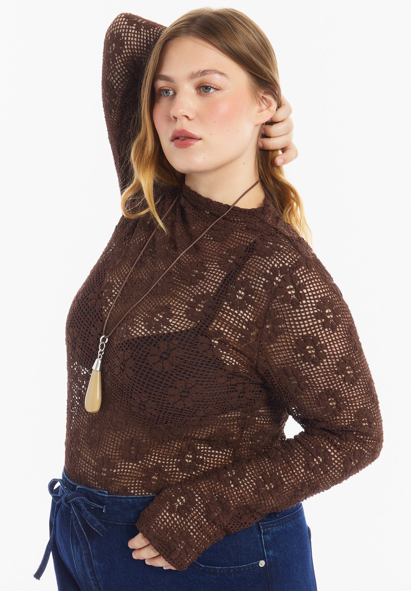 Floral Lace Mesh Funnel Neck Top image number 3