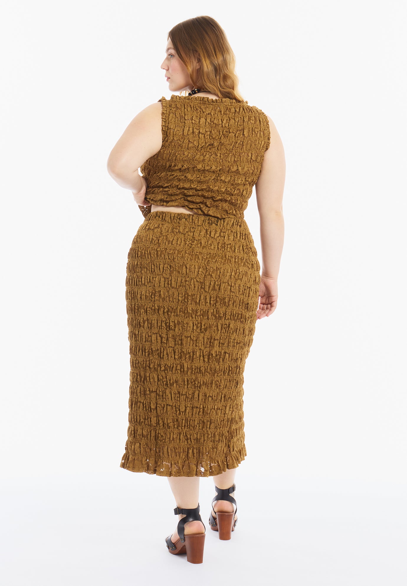 Smocked Lace Knit Midi Skirt image number 3