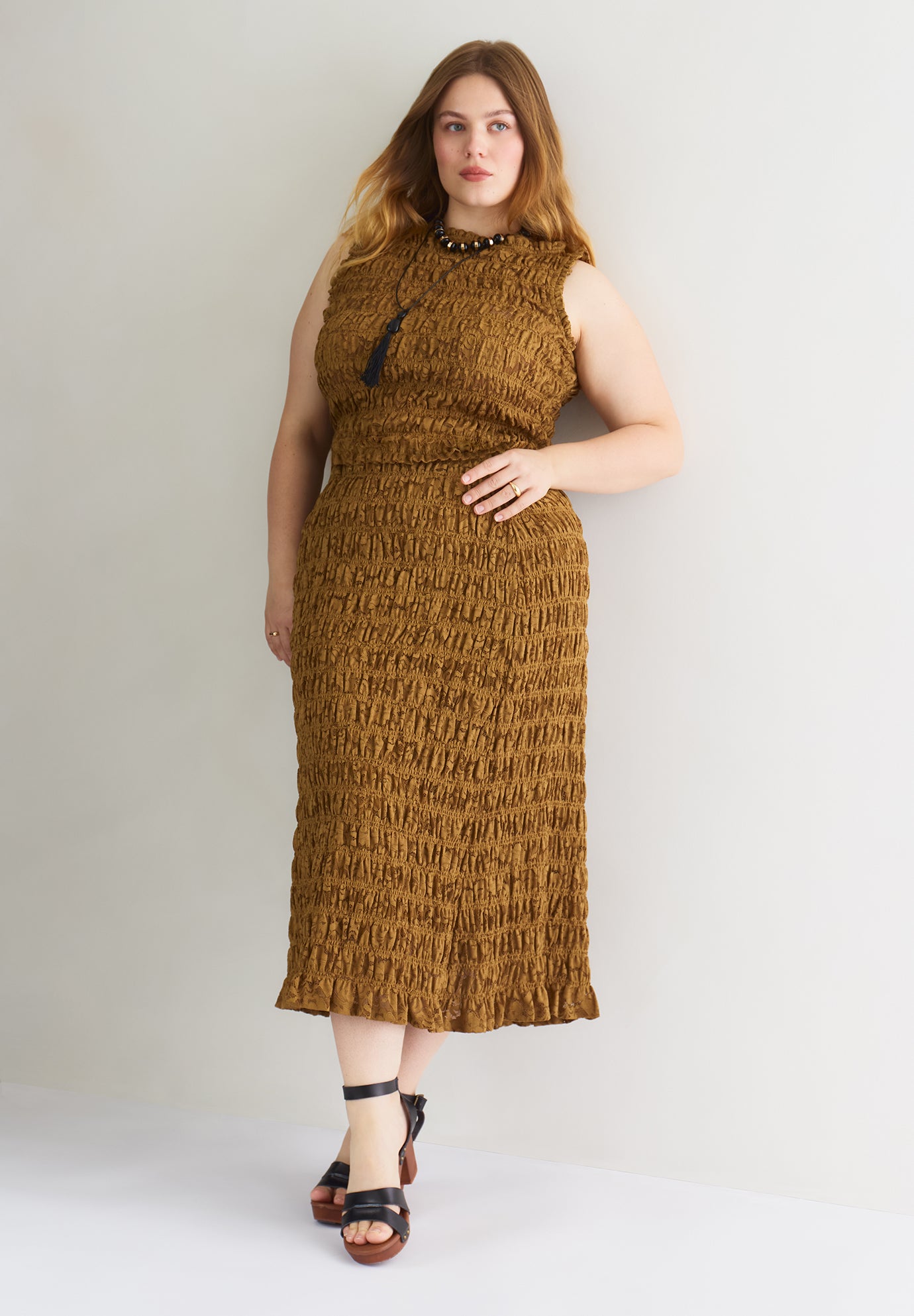 Smocked Lace Knit Midi Skirt image number 4