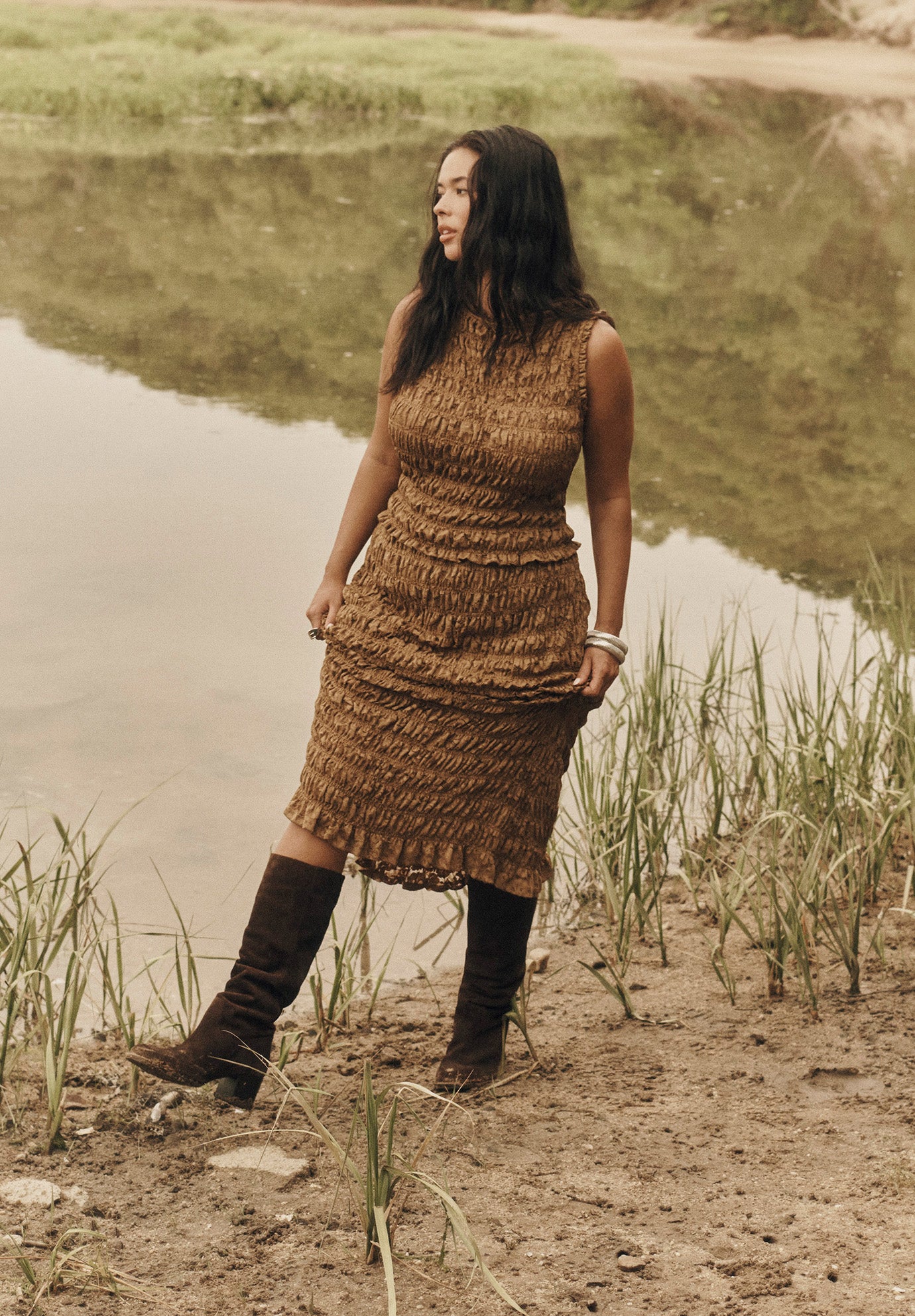 Smocked Lace Knit Midi Skirt image number 0