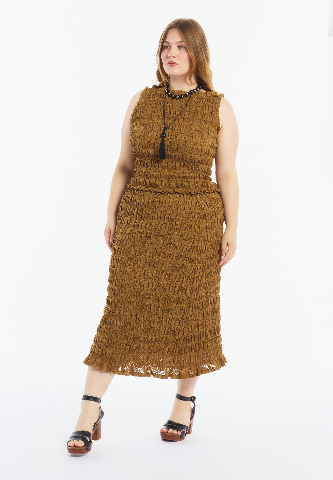 Smocked Lace Knit Midi Skirt image number 1