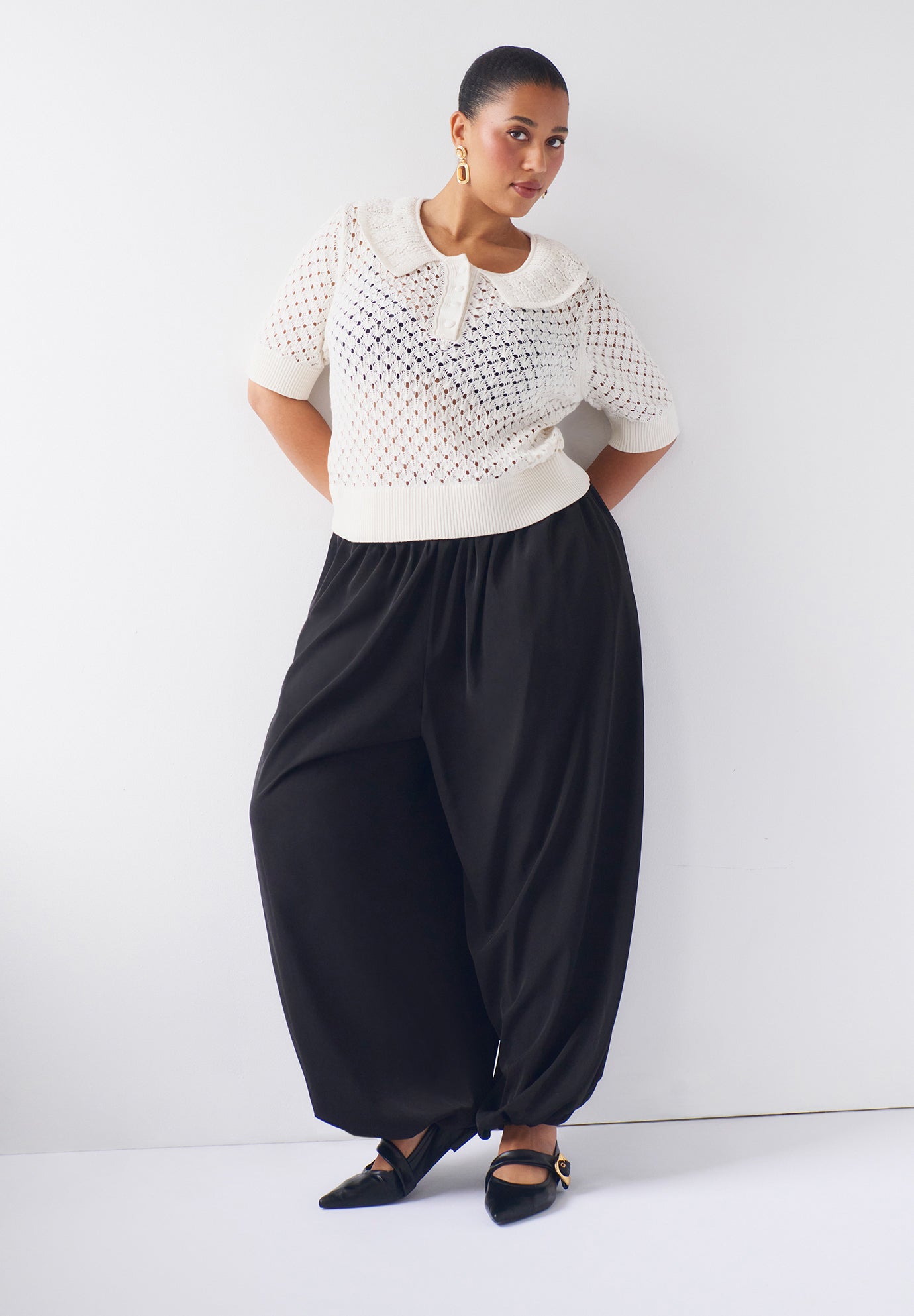 Lace-Trim Pointelle Sweater Top image number 3