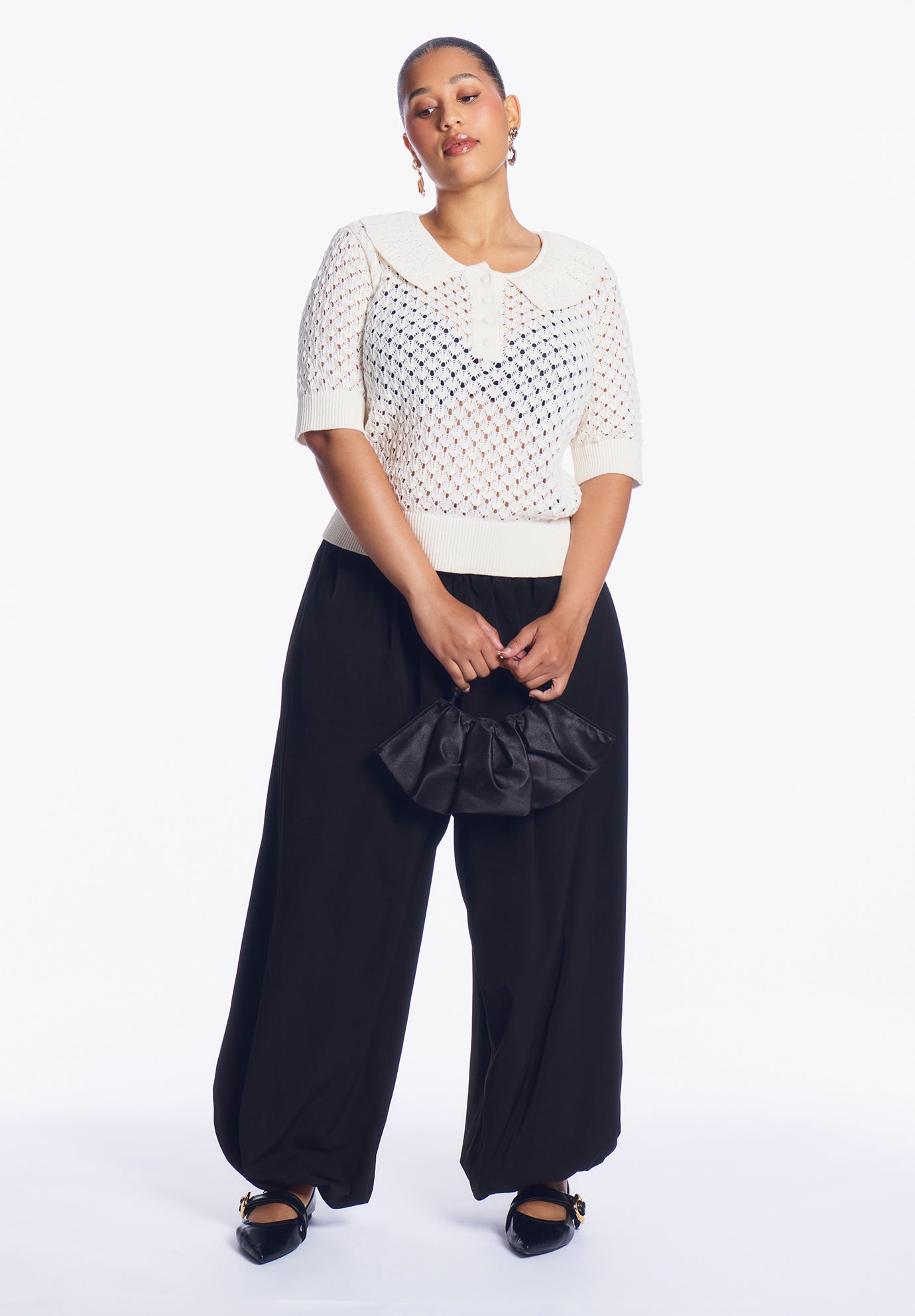 Lace-Trim Pointelle Sweater Top image number 0