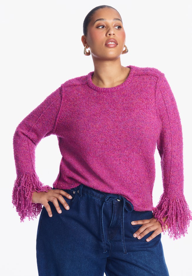 Fringe-Trim Boucle Cropped Sweater image number 2