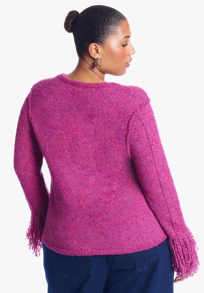 Fringe-Trim Boucle Cropped Sweater image number 3