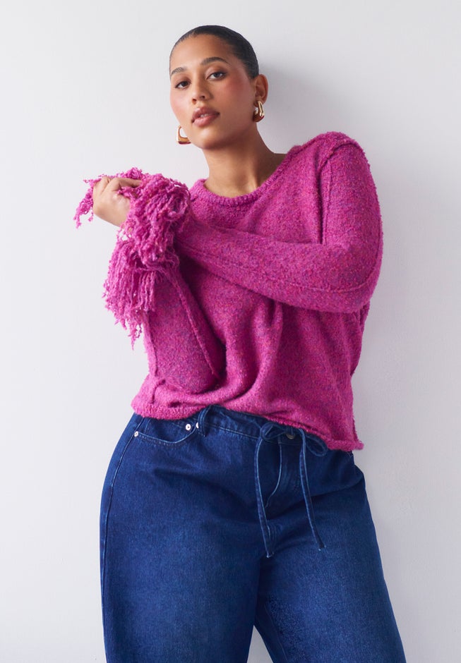 Fringe-Trim Boucle Cropped Sweater image number 4