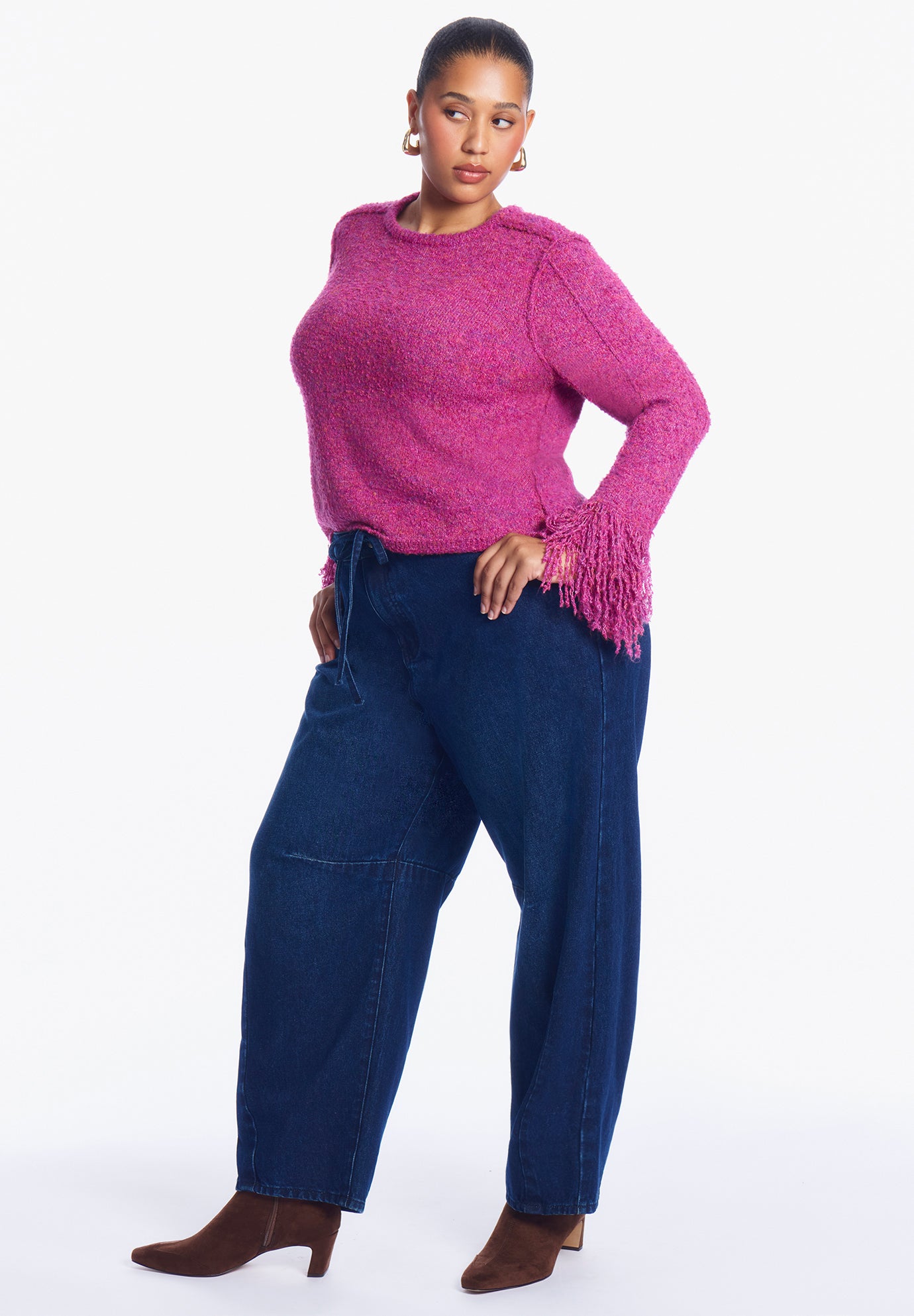 Fringe-Trim Boucle Cropped Sweater image number 1