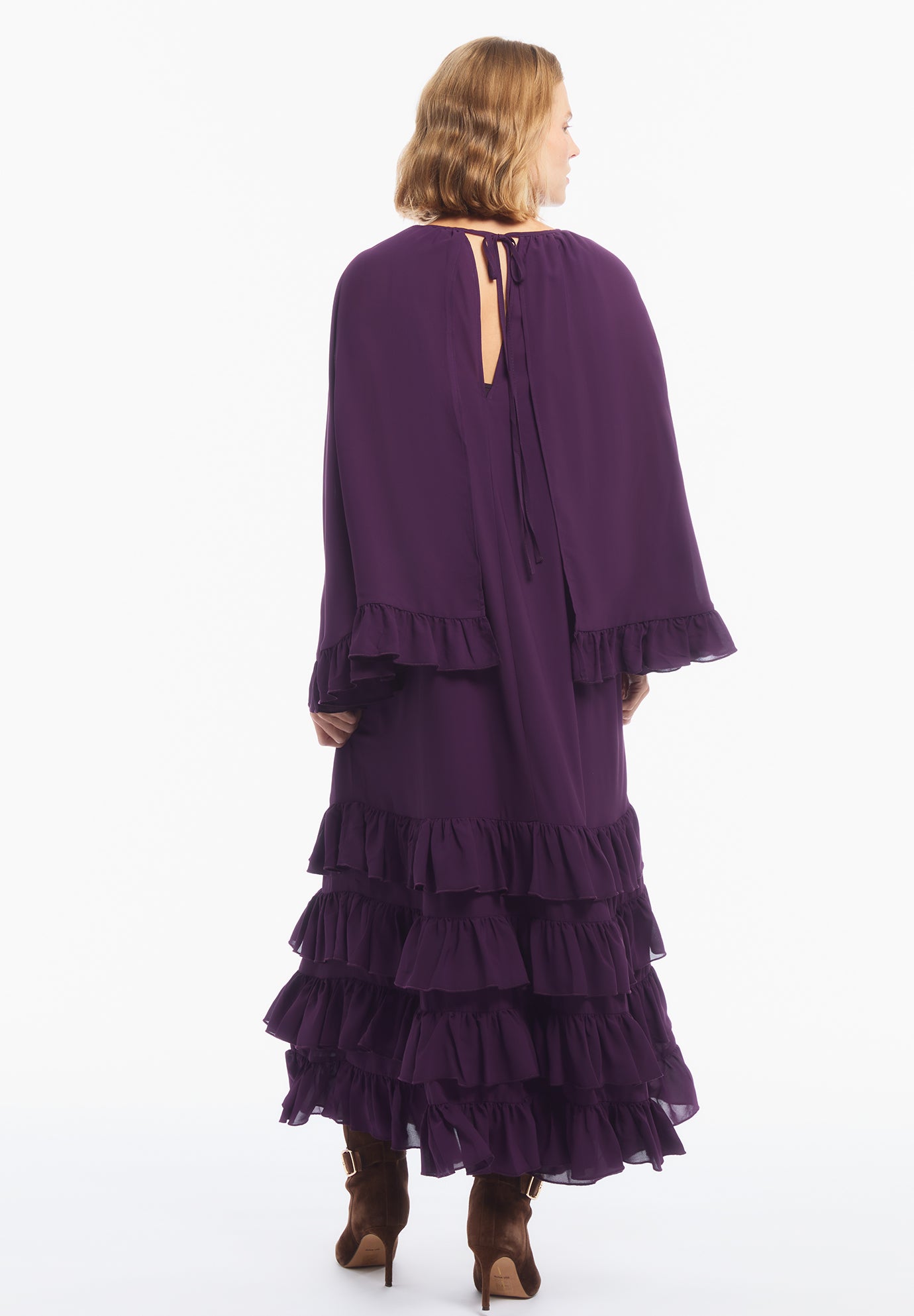 Ruffled Georgette Gown With Cape image number 1