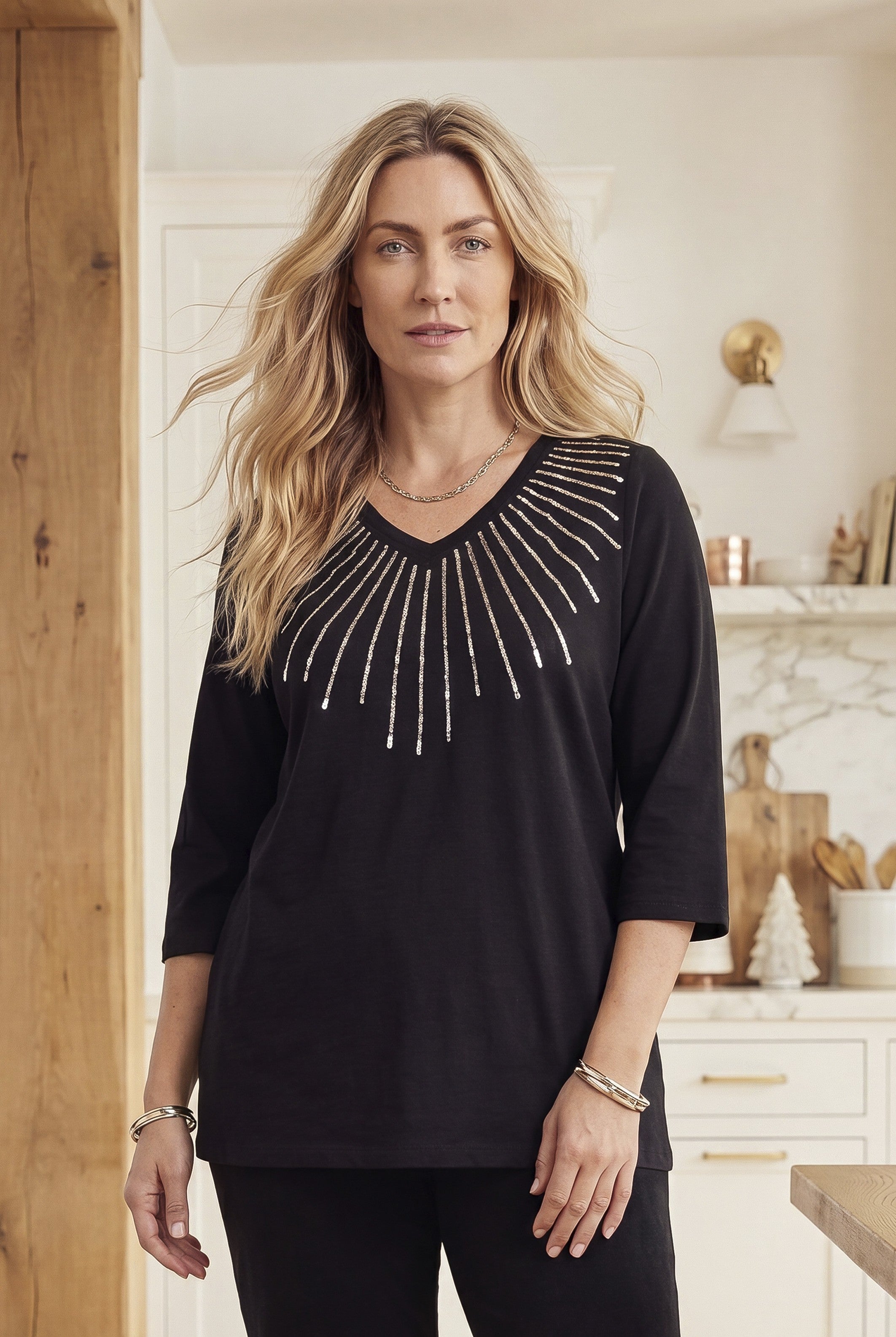Sequin Sunburst 3/4 Sleeve V-Neck Tee image number 0