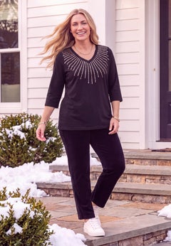 Sequin Sunburst 3/4 Sleeve V-Neck Tee