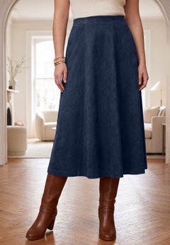 Stretch Faux Suede A-Line Midi Skirt