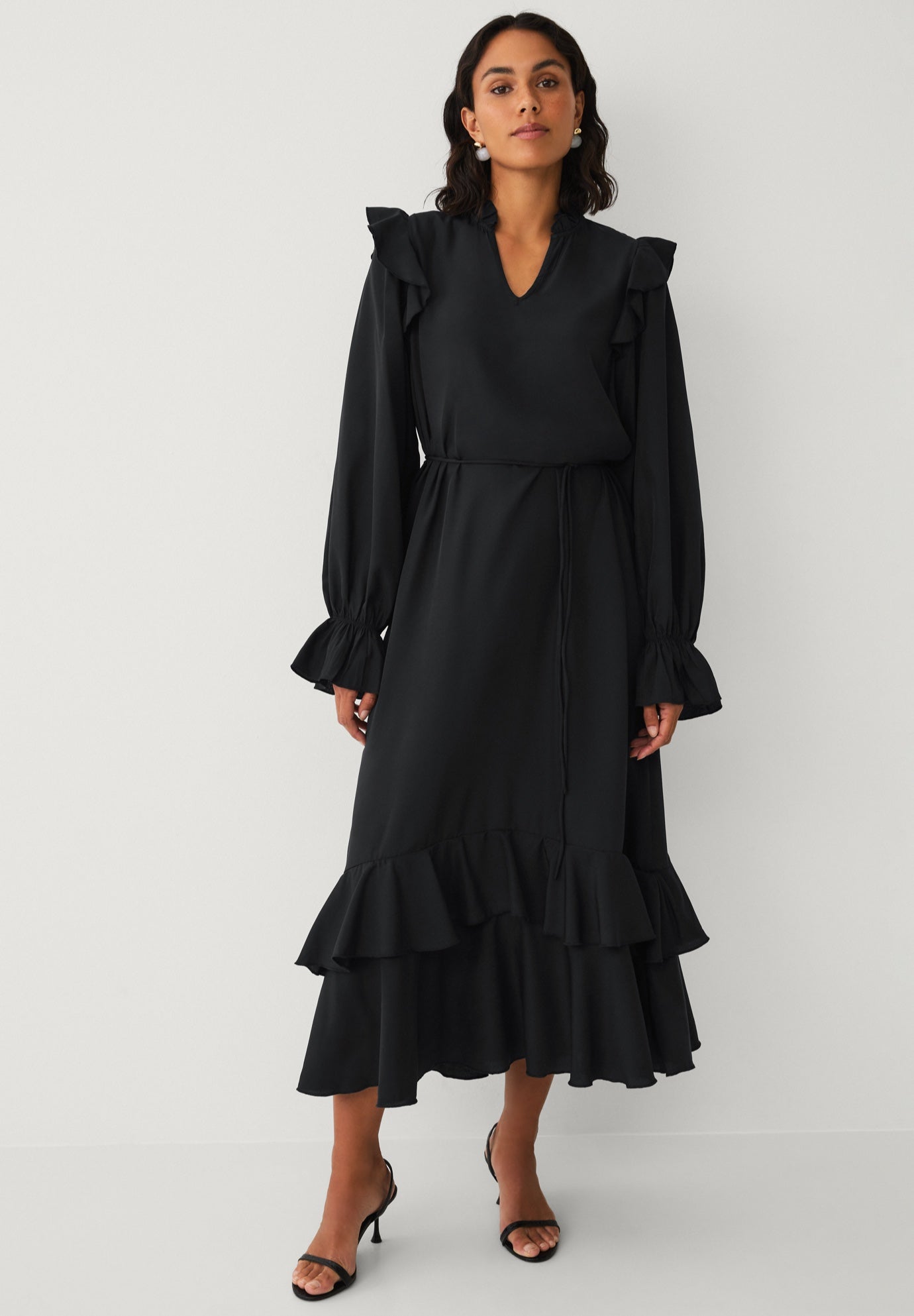 A-Line Notch Neck Ruffle Maxi Dress With Tie Waist image number 2