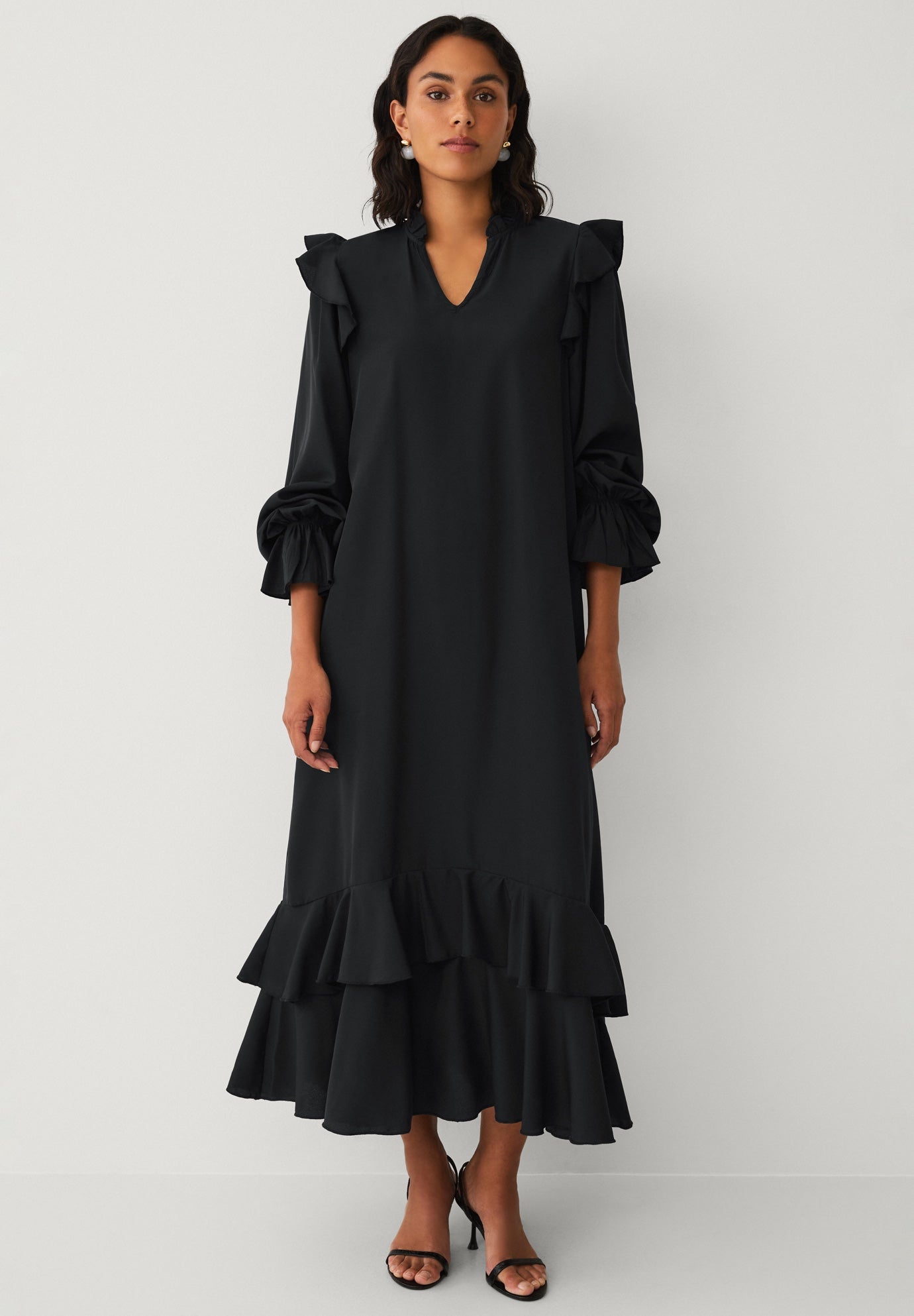 A-Line Notch Neck Ruffle Maxi Dress With Tie Waist image number 0