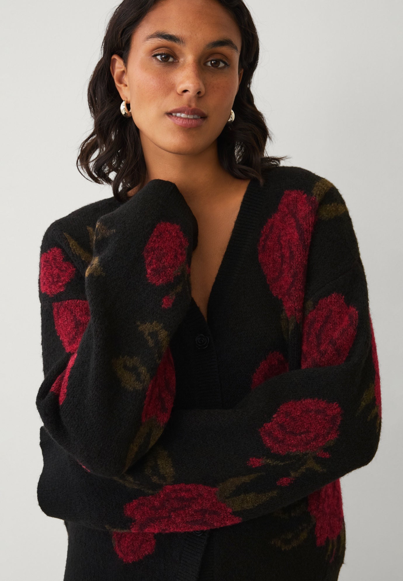 Wool-Blend V-Neckline Ribbed Boxy Rose Knit Cardigan image number 2