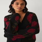 Wool-Blend V-Neckline Ribbed Boxy Rose Knit Cardigan image number 2
