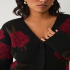 Wool-Blend V-Neckline Ribbed Boxy Rose Knit Cardigan image number 3