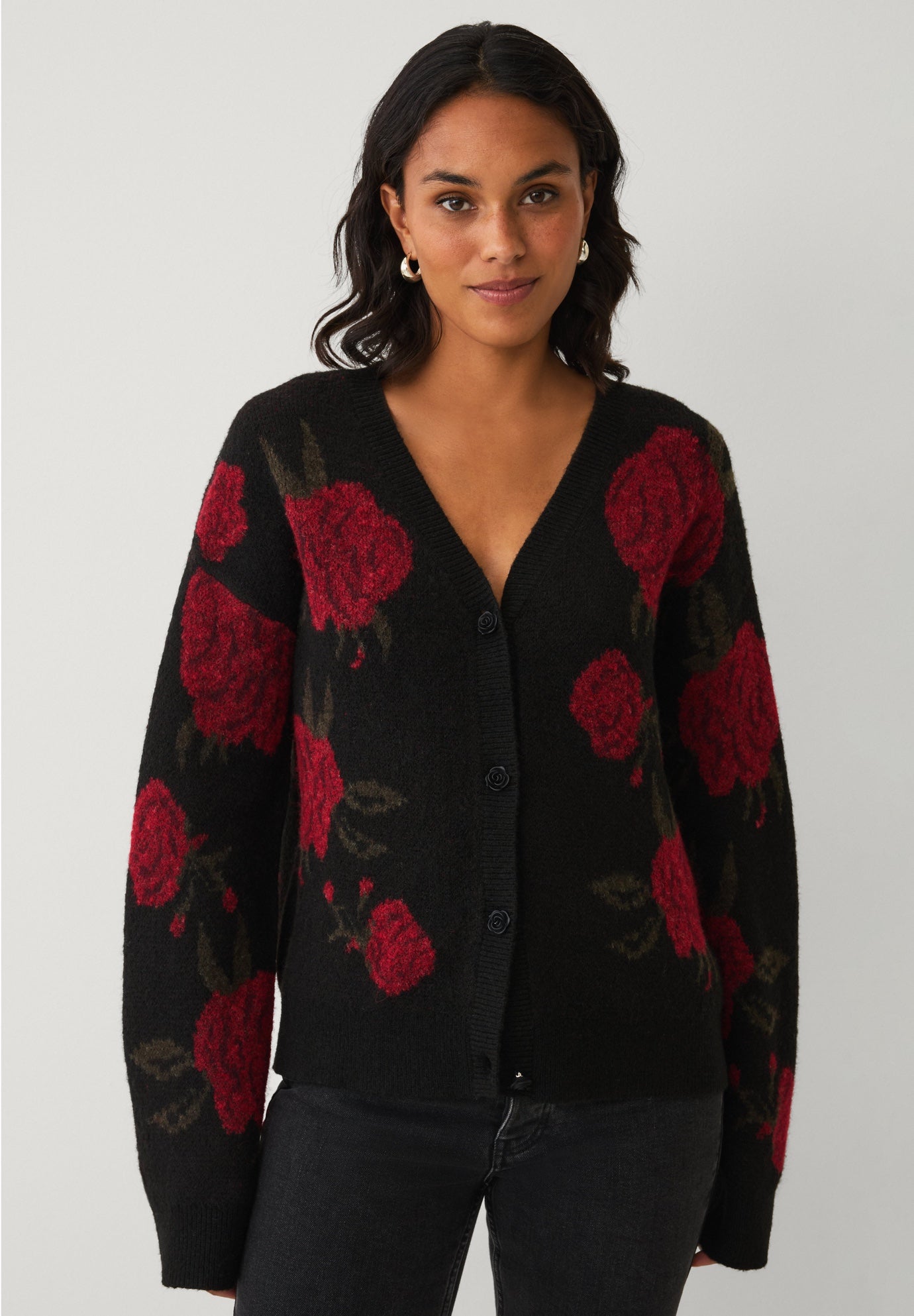 Wool-Blend V-Neckline Ribbed Boxy Rose Knit Cardigan image number 0
