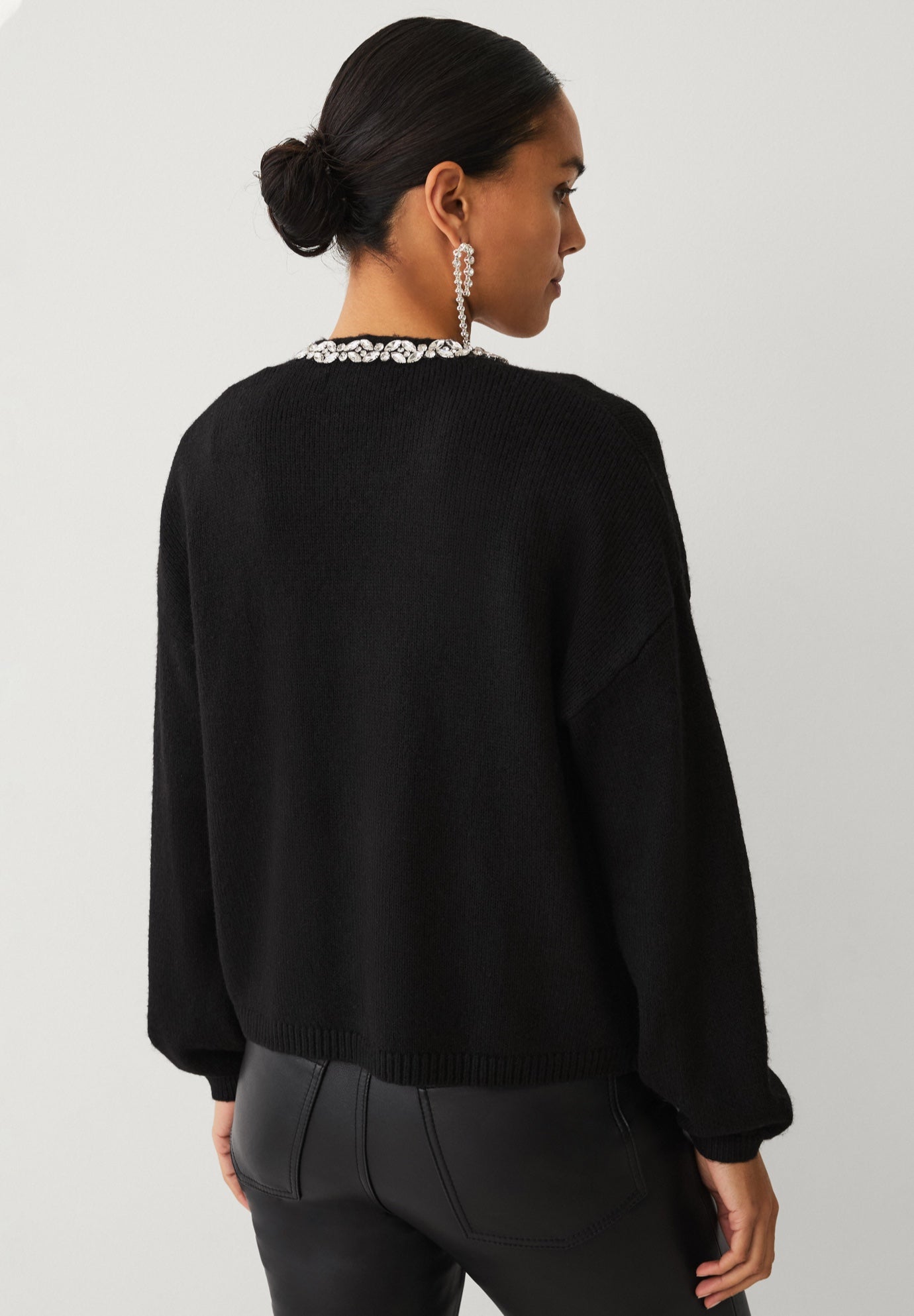 Wool-Blend Embellished Open-Front Cascade Shawl Boxy Cardigan image number 1