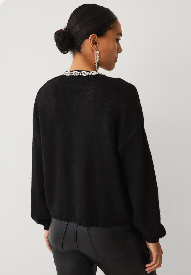 Wool-Blend Embellished Open-Front Cascade Shawl Boxy Cardigan image number 1