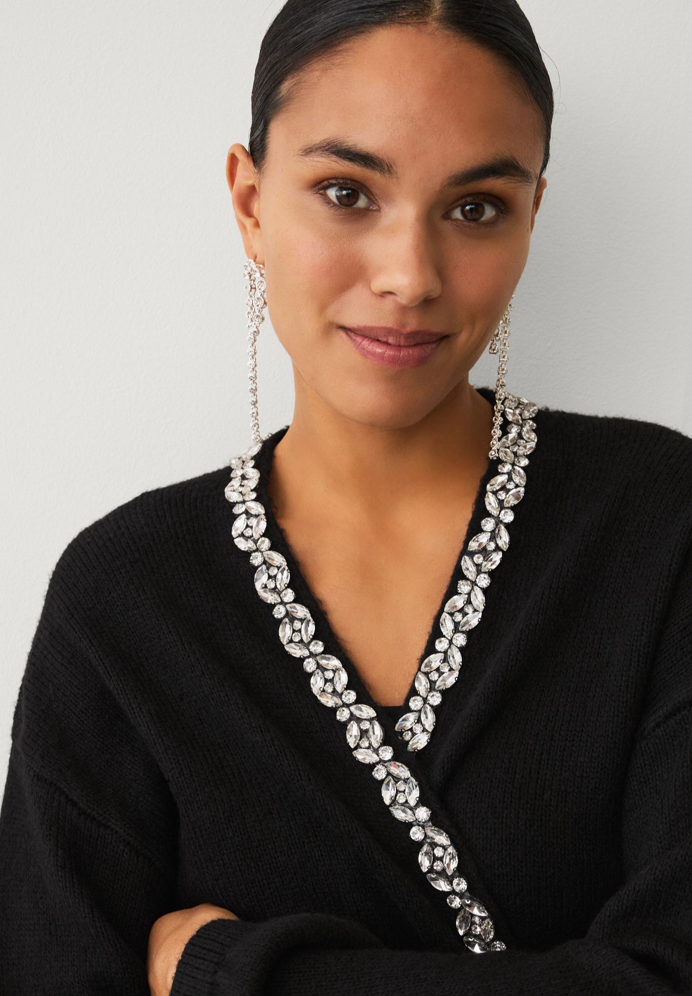 Wool-Blend Embellished Open-Front Cascade Shawl Boxy Cardigan image number 2