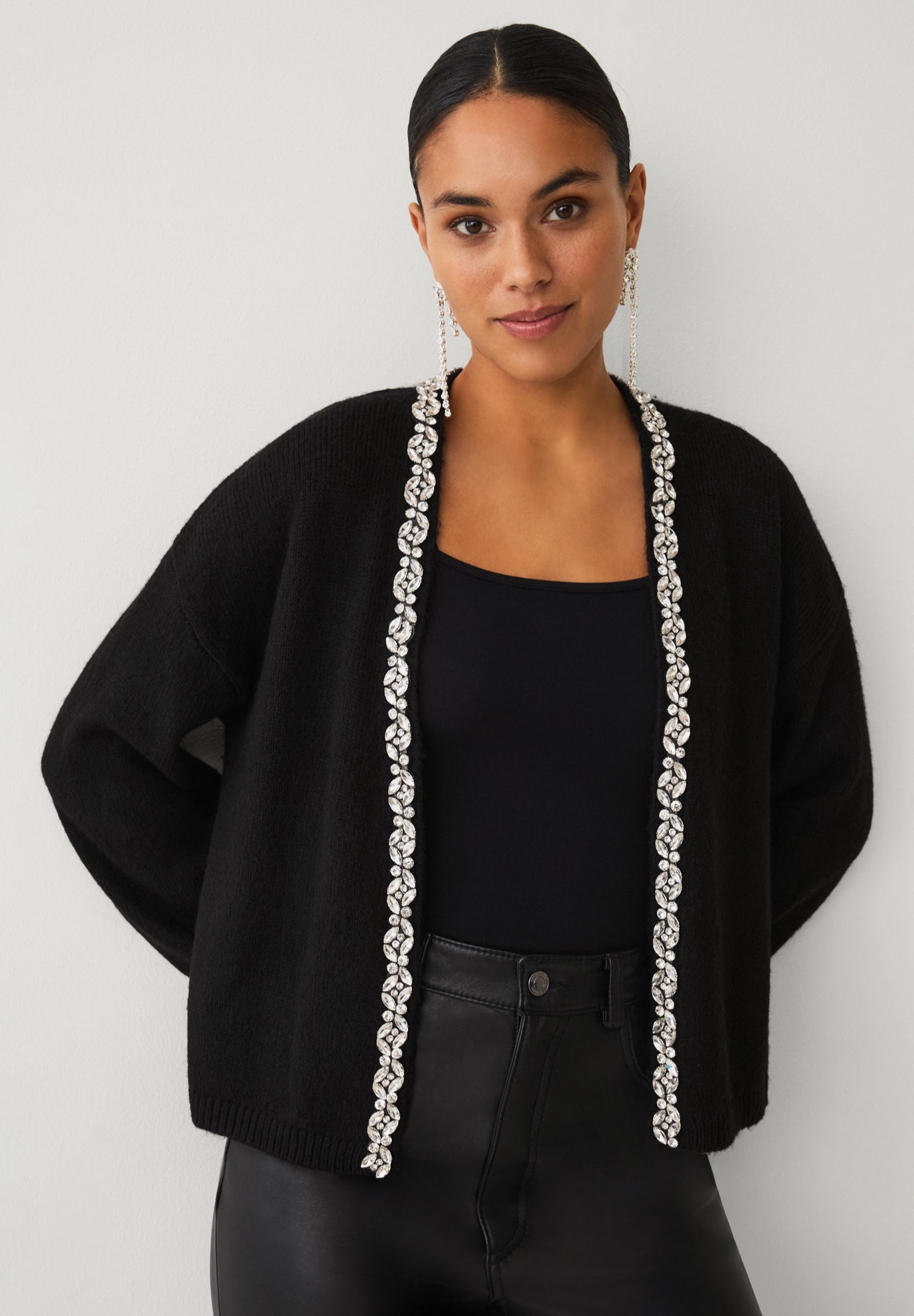 Wool-Blend Embellished Open-Front Cascade Shawl Boxy Cardigan image number 0