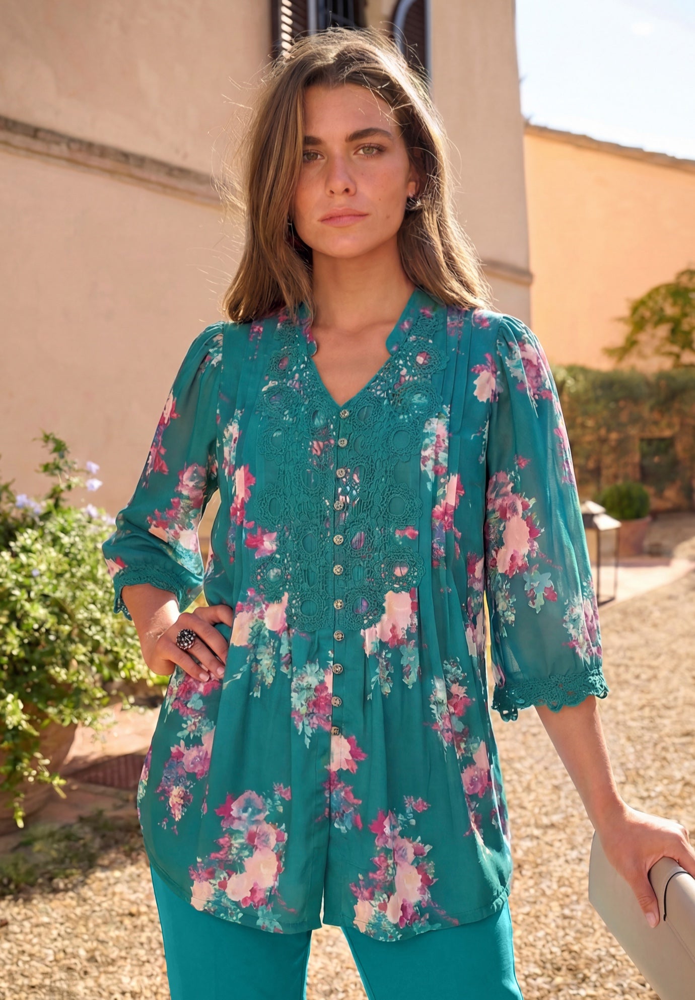Plus Size Juliet Lace Trim Button-Down Shirt image number 0
